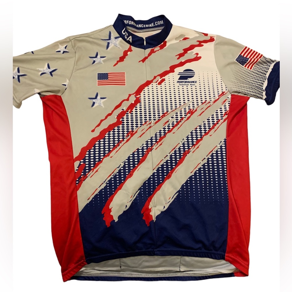 Performance.com red white and blue cycling shirt sz L